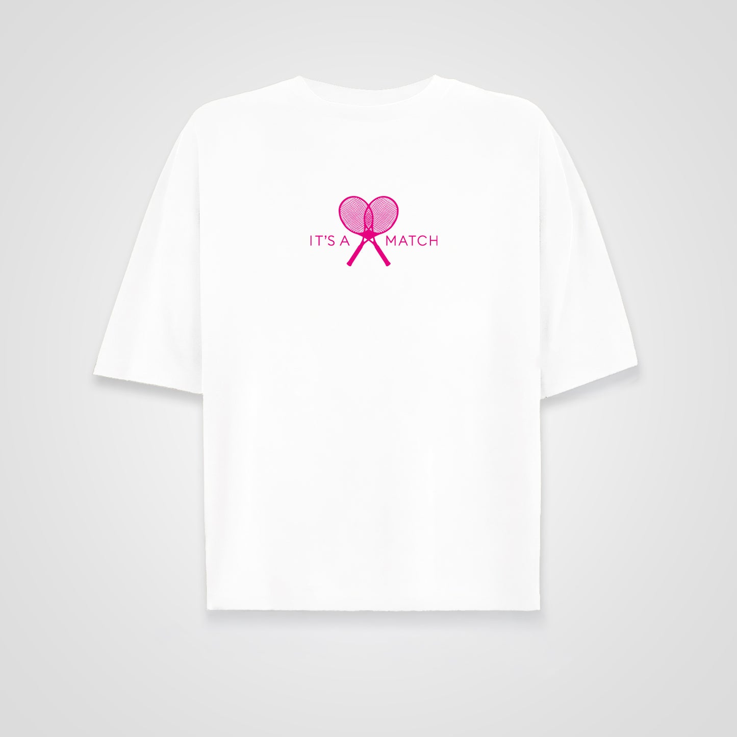 Women's Boxy oversized T-Shirt (weiß) mit Aufdruck "It's a match" (neon/pink)